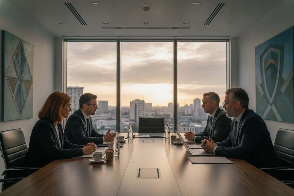 A professional gathering in a modern, spacious conference room, filled with European individuals dressed in business attire, engaged in an intense discussion about societal responsibility and moral integrity. In the foreground, a diverse group of three people—one woman and two men—are seated at a long, sleek table, deep in conversation, with expressions of thoughtfulness and determination. The middle section showcases a large window revealing a city skyline, bathed in soft, natural light that symbolizes hope and progress. In the background, abstract artwork depicting the concepts of security and ethics hangs on the walls, creating a contemplative atmosphere. The overall mood is serious yet inspiring, encouraging reflection on the importance of integrity in society.