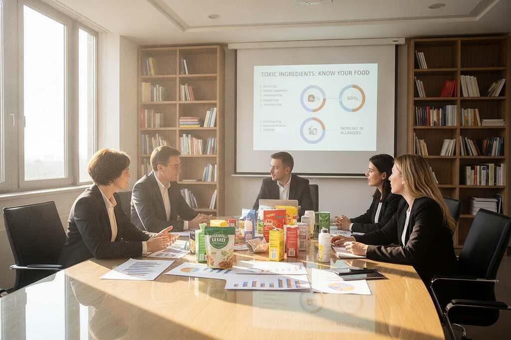 A professional setting illustrating consumer education and prevention strategies related to harmful food additives. In the foreground, a diverse group of European professionals, dressed in smart business attire, engage in a lively discussion around a modern conference table filled with charts and colorful food packaging. In the middle ground, a large projector displays a vibrant infographic highlighting key statistics about toxic ingredients. The background features a well-organized office space with shelves filled with books on food safety and health. Soft, natural light streams in through large windows, casting a warm, inviting atmosphere that encourages collaboration and awareness. The mood is proactive and informative, emphasizing the importance of consumer awareness and health.