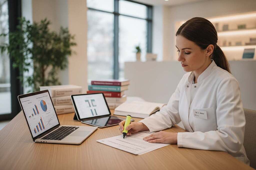 A professional setting illustrating "Leitlinien zur Cortisontherapie im Vergleich." In the foreground, a European medical professional in a white coat reviews a document, highlighting key guidelines on cortisone therapy. Beside them, a sleek laptop displays graphs and charts comparing cortisone effects. The middle ground features a well-organized table filled with medical books, tablets, and research articles, all emphasizing evidence-based recommendations. In the background, a modern clinic with soft, warm lighting creates a welcoming atmosphere, with shelves of medical supplies and a potted plant adding a touch of serenity. Use a shallow depth of field to focus on the medical professional while softly blurring the surroundings, creating a calm and informative mood.