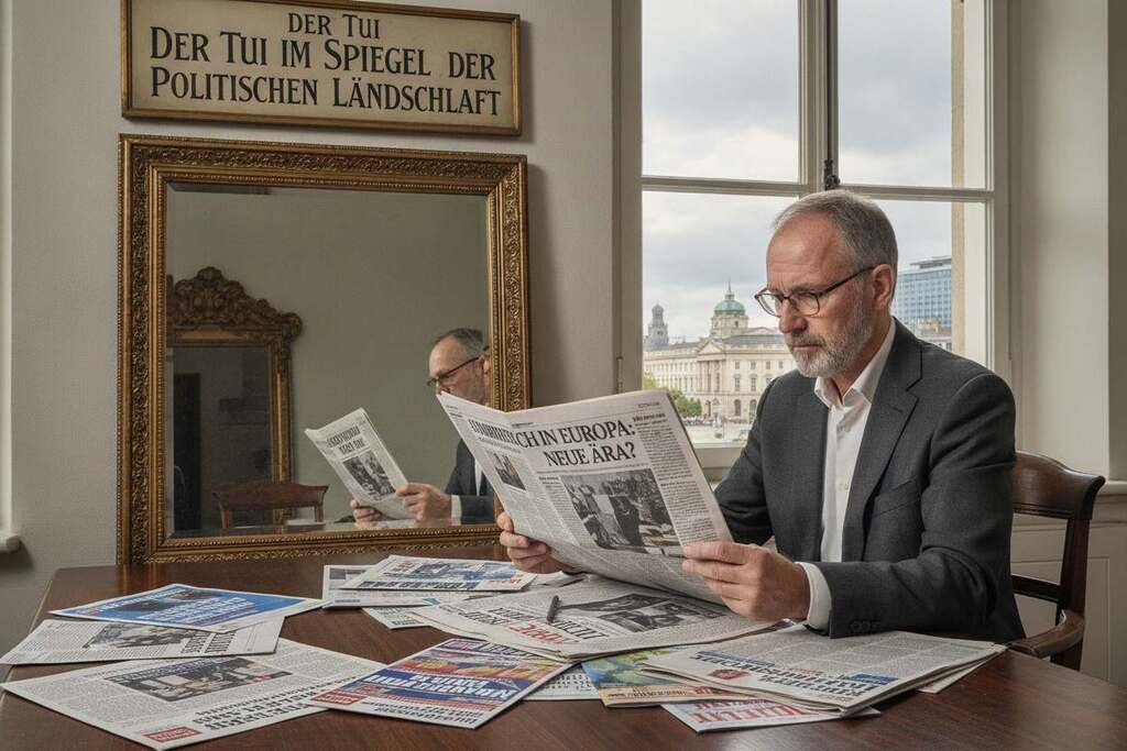 A reflective scene depicting a European intellectual seated at a wooden table, surrounded by newspapers and political pamphlets, symbolizing "Der Tui im Spiegel der aktuellen politischen Landschaft." In the foreground, the individual, dressed in professional business attire, thoughtfully examines a newspaper with headlines about recent political events. The middle ground features a large mirror reflecting the individual's contemplative expression, while in the background, a cityscape is visible through a window, representing the current political landscape. Soft, natural lighting streams in from the window, creating a contemplative atmosphere. The focus is sharp on the intellectual, with a slight bokeh effect on the background, enhancing the scene's depth and sophistication.