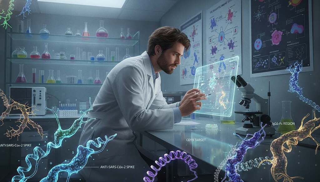 A scientific illustration depicting antibodies as vibrant, complex structures amidst a laboratory setting. In the foreground, a detailed close-up of antibodies, rendered with intricate molecular patterns and colorful labels highlighting their specificity. The middle ground showcases a biologist, a European character in a white lab coat, examining data on a touchscreen interface with a focused expression. The background features shelves filled with scientific equipment, glassware, and posters detailing immune responses and antibody functions, all under soft, bright laboratory lighting. Capture a mood of inquiry and exploration, inviting viewers into the intricacies of immunology. Use a wide-angle lens effect to emphasize depth while maintaining clarity of details. A scientific illustration depicting antibodies as vibrant, complex structures amidst a laboratory setting. In the foreground, a detailed close-up of antibodies, rendered with intricate molecular patterns and colorful labels highlighting their specificity. The middle ground showcases a biologist, a European character in a white lab coat, examining data on a touchscreen interface with a focused expression. The background features shelves filled with scientific equipment, glassware, and posters detailing immune responses and antibody functions, all under soft, bright laboratory lighting. Capture a mood of inquiry and exploration, inviting viewers into the intricacies of immunology. Use a wide-angle lens effect to emphasize depth while maintaining clarity of details.