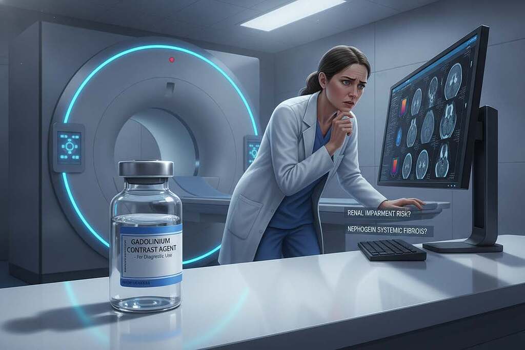 A scientific illustration depicting gadolinium contrast agent in a clinical setting. In the foreground, a transparent vial of gadolinium, glimmering under bright, sterile lighting, sits on a clean, white surface. In the middle ground, a radiologist in professional attire, carefully analyzing MRI scans on a computer screen, shows concern about potential risks. The background features a modern MRI machine with neon blue accents, emphasizing the high-tech medical environment. Soft, diffused lighting casts gentle shadows, creating a serious yet informative atmosphere. The scene reflects a focus on medical safety and the risks associated with gadolinium exposure, inviting viewers to reflect on the subject matter critically. A scientific illustration depicting gadolinium contrast agent in a clinical setting. In the foreground, a transparent vial of gadolinium, glimmering under bright, sterile lighting, sits on a clean, white surface. In the middle ground, a radiologist in professional attire, carefully analyzing MRI scans on a computer screen, shows concern about potential risks. The background features a modern MRI machine with neon blue accents, emphasizing the high-tech medical environment. Soft, diffused lighting casts gentle shadows, creating a serious yet informative atmosphere. The scene reflects a focus on medical safety and the risks associated with gadolinium exposure, inviting viewers to reflect on the subject matter critically.