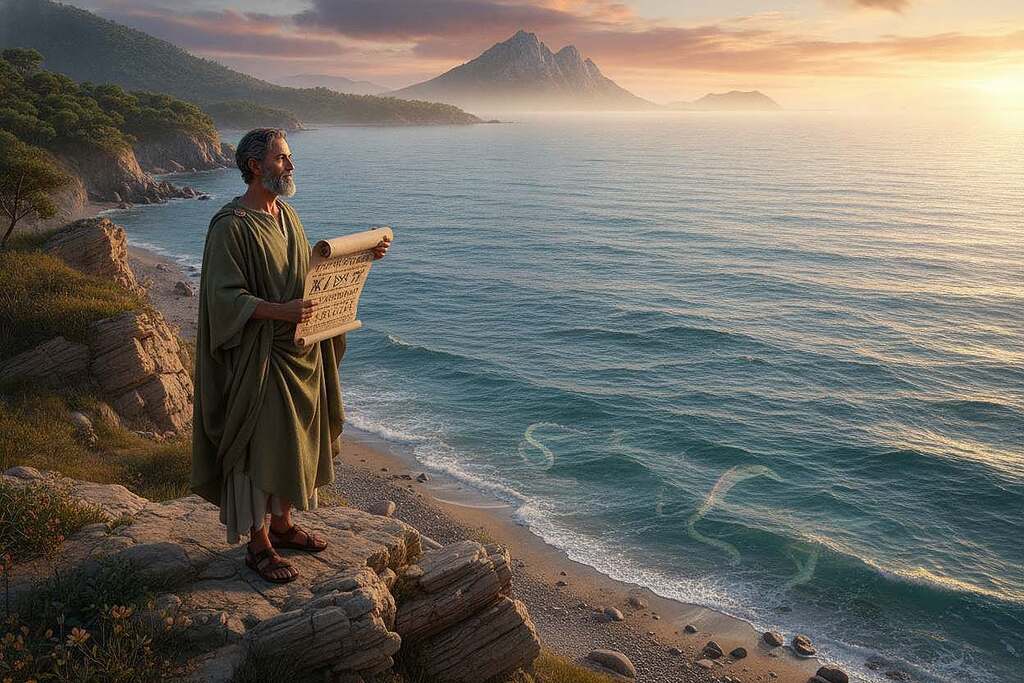 A serene, ancient landscape inspired by Homeric tales, featuring a wise, middle-aged man in modest, flowing robes holding a scroll symbolizing wisdom and the search for meaning. In the foreground, the man stands on a rocky cliff, gazing thoughtfully at the vast, undulating sea stretching toward the horizon under a golden sunset. The middle of the image includes gentle waves lapping against the shore, with hints of mythical creatures swimming in the depths. In the background, soft hills rise, covered in lush greenery, leading to distant mountains shrouded in morning mist. The mood is contemplative and inspiring, illuminated by warm, golden lighting that evokes a sense of tranquility and profound reflection. The angle is from a slightly elevated perspective, capturing both the man's contemplative pose and the expansive setting that symbolizes the journey of the mind.