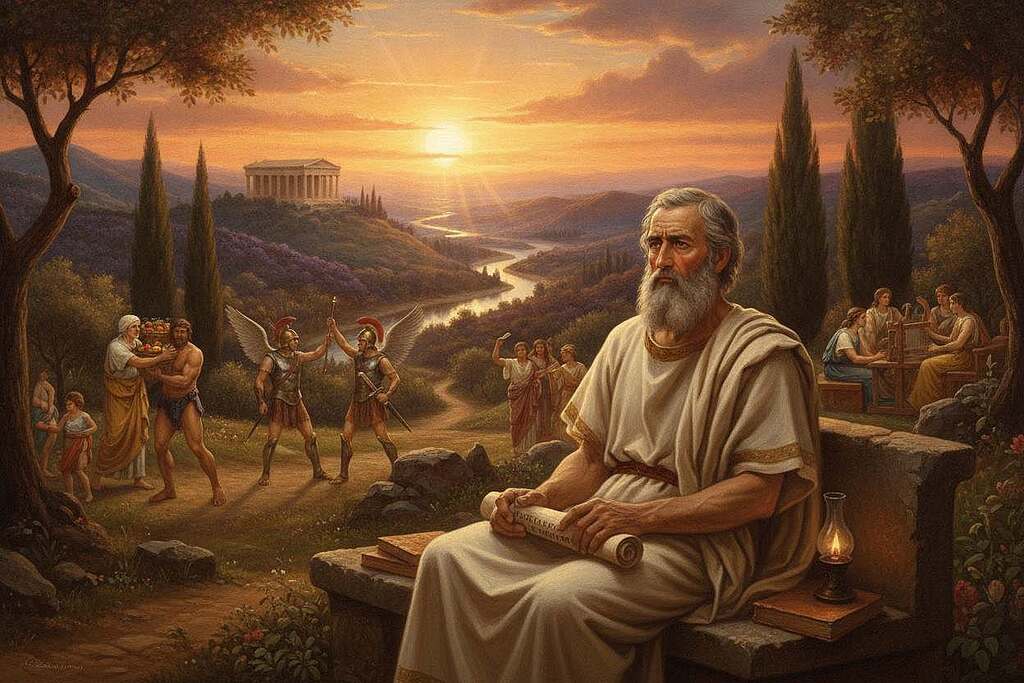 A serene and awe-inspiring scene inspired by classic Greek mythology, depicting the themes of humanity and morality from Homer's epics. In the foreground, a wise, bearded philosopher in modest classical robes reflects thoughtfully, with soft, golden light illuminating his face, showcasing a sense of deep contemplation. In the middle ground, various figures from Greek mythology engage in acts of kindness and conflict resolution, embodying moral dilemmas, set against a backdrop of lush ancient landscapes. The distant background features rolling hills and a radiant sunset, casting warm hues across the sky, creating an overall atmosphere of reflection and enlightenment. The scene is composed with a slightly elevated angle, capturing the depth of character and setting, evoking a sense of timelessness and moral discovery.