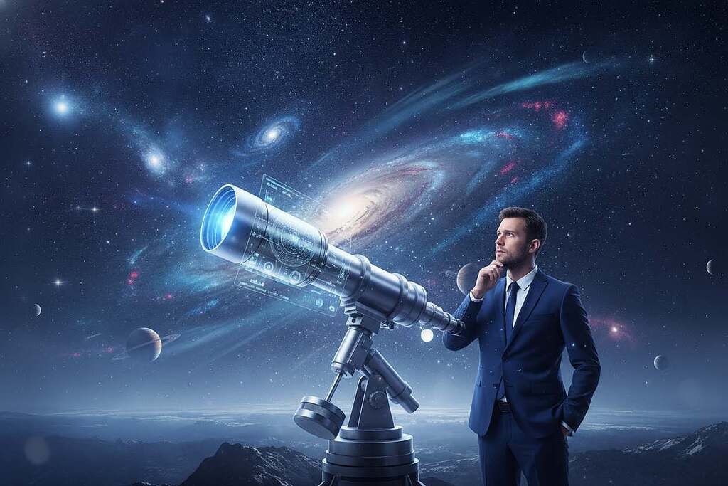 A serene and captivating cosmic scene illustrating the Fermi Paradox and the search for extraterrestrial life. In the foreground, a thoughtful European scientist gazes through a high-tech telescope, analyzing distant stars, dressed in a professional business attire. In the middle ground, a star-filled sky dotted with colorful galaxies and nebulae creates a sense of wonder and mystery. Distant planets can be faintly seen, hinting at potential civilizations. The background features a dark, vast universe, evoking the unknown depths of space. Soft, ethereal lighting illuminates the scene with a blue and purple glow, enhancing the dreamy atmosphere. Capture the mood of curiosity and exploration in this quest for answers.