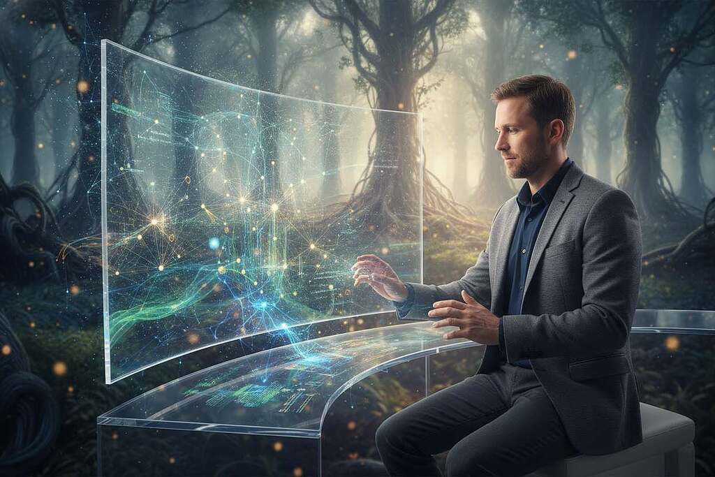 A serene and captivating scene depicting the concept of "unconscious intelligence and signal processing." In the foreground, a thoughtful European male scientist in a smart casual outfit stands near a futuristic computer interface, analyzing flowing data streams represented as vibrant, colorful light patterns. In the middle ground, there are abstract representations of neural networks and brain activity, blending seamlessly with the data streams. The background features a softly glowing, organic landscape, reminiscent of a digital forest that symbolizes intuition and subconscious processing. Soft, diffused lighting creates a warm and inviting atmosphere, with a slight bokeh effect to enhance focus on the scientist and technology. The overall mood is contemplative, inspiring a sense of exploration and discovery in the realm of intuitive knowledge.