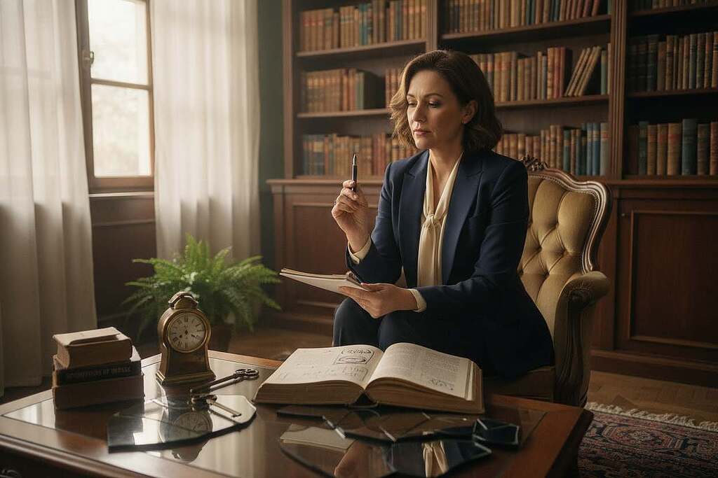 A serene and contemplative scene depicting an elegant European psychologist's office. In the foreground, a thoughtful middle-aged woman sits in a vintage armchair, dressed in professional business attire, with a notepad and pen, pondering over a dream interpretation. The middle layer features an open book on dream analysis, surrounded by various symbolic items such as a clock (representing time), a key (for unlocking secrets), and fragmented mirrors (symbolizing the psyche). The background showcases a cozy bookshelf filled with classic psychology texts, and a large window allowing soft, diffused natural light to illuminate the room. The atmosphere is calm and introspective, conveying a sense of depth and understanding of the subconscious mind.