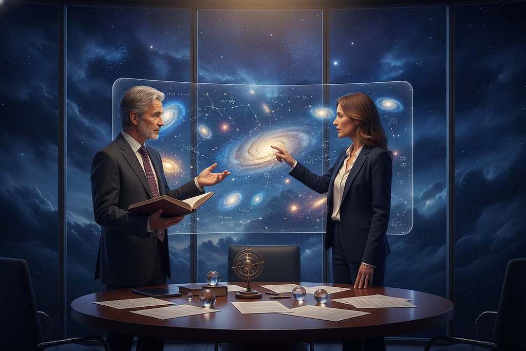 A serene and contemplative setting, featuring a European philosopher and a cosmologist engaged in an animated discussion about reality. In the foreground, the philosopher, a middle-aged man in professional attire, holds a book, gesturing thoughtfully. The cosmologist, a woman in a smart business outfit, points to a sleek digital display that projects cosmic phenomena, such as galaxies and stars. The middle ground showcases a large, modern conference table with notes and celestial models scattered across it. In the background, panoramic windows provide a stunning view of the cosmos at twilight, with deep blue and violet hues filling the sky. Soft, ambient lighting casts warm tones, creating a focused yet inviting atmosphere that emphasizes intellectual engagement and exploration.