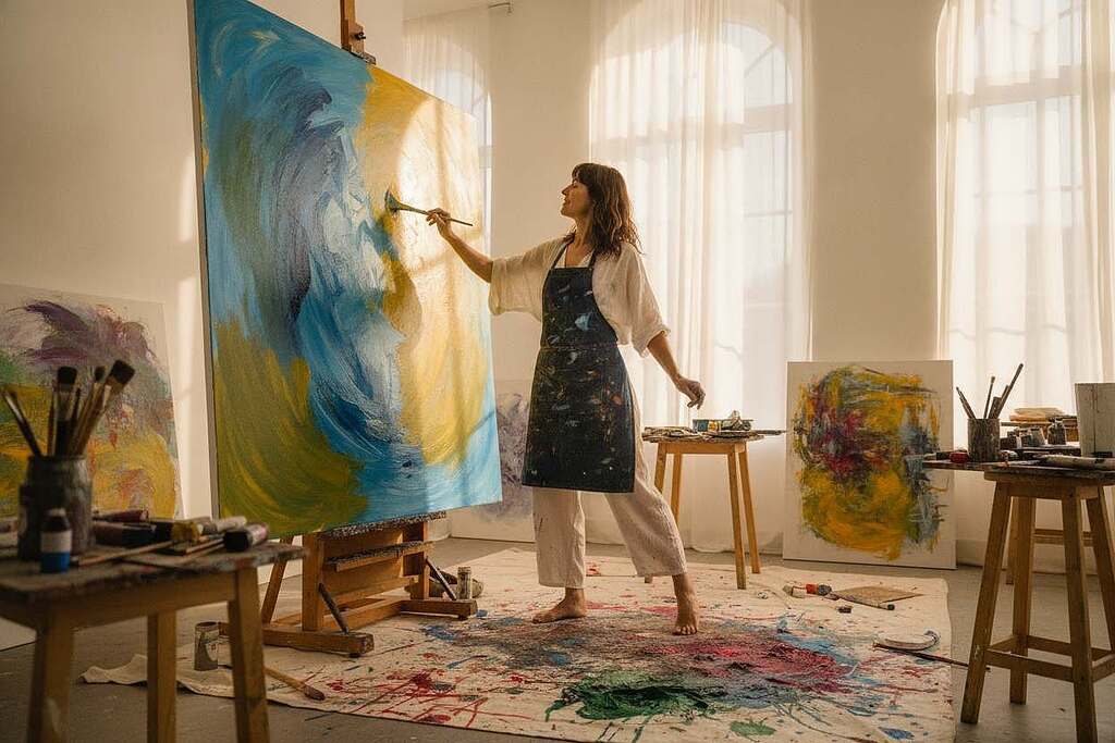 A serene and empowering scene featuring a European woman immersed in creative expression, standing in a sunlit studio filled with art supplies. In the foreground, she is painting on a large canvas, her focus serene yet passionate, dressed in comfortable yet professional clothing. The middle ground presents splashes of vibrant colors and art tools scattered around, signifying the intuitive creative process. In the background, large windows let in soft natural light, casting a warm glow that enhances the atmosphere of inspiration. The environment feels inviting and energetic, evoking a sense of deep connection to creativity and body awareness. The angle captures both her concentration and the artistic chaos around her, illustrating the theme of intuitive creativity and bodily sensation in harmony.