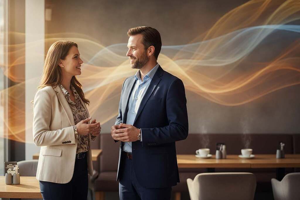 A serene and engaging scene depicting intuitive communication and interpersonal connection. In the foreground, two European professionals, a man and a woman, are standing closely, sharing a confident and warm conversation. They are dressed in smart business attire, exuding professionalism and approachability. The middle ground features a softly lit café setting with blurred tables and chairs that suggest a welcoming atmosphere. In the background, subtle abstract elements represent waves of energy and intuitive thought, artistically illustrated as gentle swirls in warm colors. The lighting is natural and inviting, with soft sunlight filtering through the window, casting gentle shadows. The overall mood is harmonious and uplifting, emphasizing the connection forged through intuition and understanding.