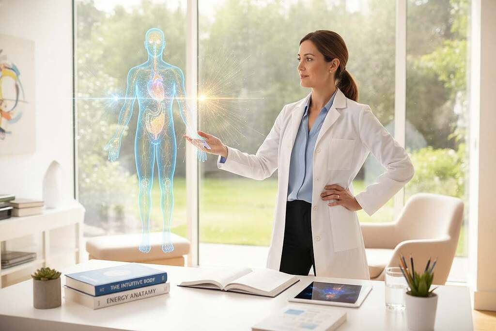 A serene and insightful scene depicting a European healthcare professional in a bright, modern clinic, standing confidently, analyzing a holographic representation of the human body showcasing energy flow and intuitive connections. In the foreground, the professional, dressed in a crisp lab coat and smart business attire, gestures towards glowing points on the hologram. The middle ground features a well-organized medical workspace with books on intuition and body awareness scattered around. Soft, natural lighting filters through large windows, creating a calm and inspiring atmosphere. In the background, greenery can be seen outside, symbolizing harmony with nature. The overall mood is one of professionalism, curiosity, and enlightenment, emphasizing the deep connection between body feeling and intuition.