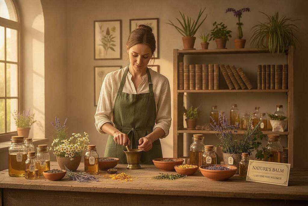 A serene and inviting herbal workshop scene, showcasing a European woman in a modest, professional outfit meticulously preparing herbal formulations. In the foreground, a wooden table is adorned with various fresh herbs, colorful flower petals, and glass jars filled with extracts. The middle ground features a shelf stocked with labeled herbal books and small potted plants. The background captures a softly lit room with botanical illustrations hanging on the walls and sunlight filtering through a window, creating a warm, healing atmosphere. The overall mood is calm and inspiring, emphasizing the natural approach to health and well-being as an alternative to conventional treatments like cortisone. Use soft lighting to enhance the natural colors of the plants and the cozy environment.
