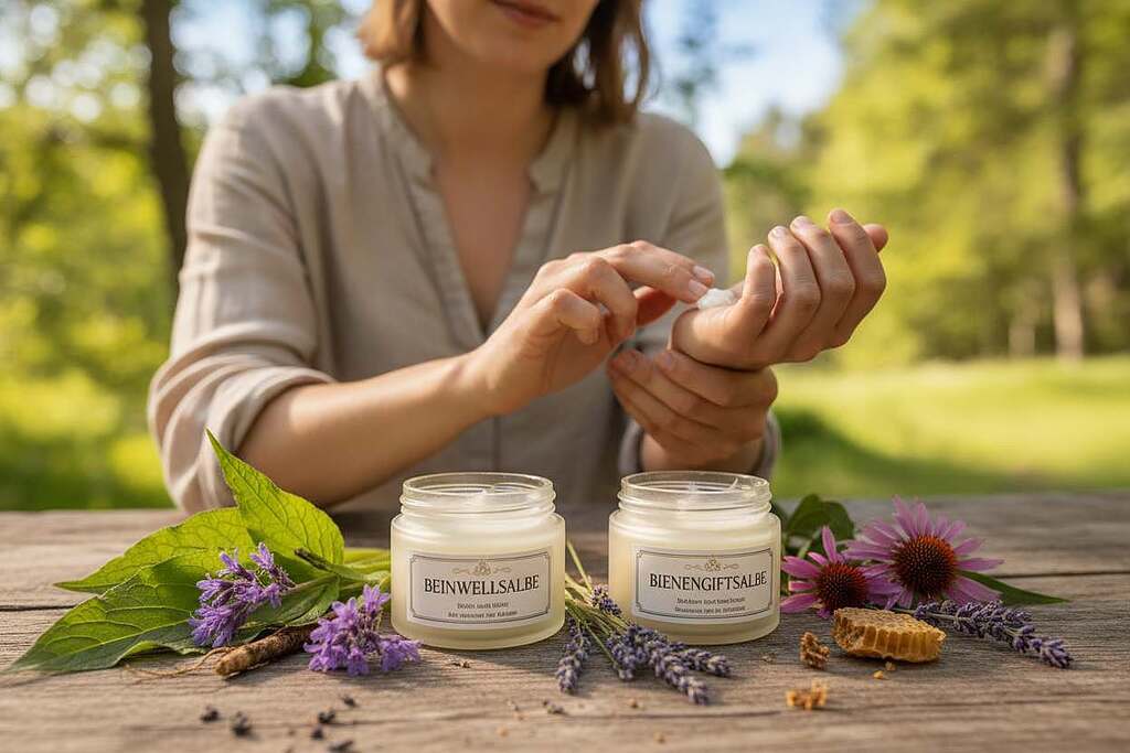 A serene and inviting scene showcasing two jars of natural salves labeled as 'Beinwellsalbe' and 'Bienengiftsalbe' prominently placed in the foreground. The jars are made of frosted glass, reflecting soft, warm light that creates a cozy atmosphere. Surrounding the jars are fresh herbs and flowers associated with their ingredients, such as comfrey and bee-friendly plants, arranged artistically. In the middle ground, a subtle wooden table adds a natural touch, enhancing the holistic vibe. In the background, blurred green foliage hints at an outdoor setting, suggesting nature's healing power. Soft, diffused lighting illuminates the entire composition, evoking a sense of calm and wellness, ideal for a natural remedy theme. European character involved, casually dressed, gently applying the salve to their wrist, depicting a practical use of the product. A serene and inviting scene showcasing two jars of natural salves labeled as 'Beinwellsalbe' and 'Bienengiftsalbe' prominently placed in the foreground. The jars are made of frosted glass, reflecting soft, warm light that creates a cozy atmosphere. Surrounding the jars are fresh herbs and flowers associated with their ingredients, such as comfrey and bee-friendly plants, arranged artistically. In the middle ground, a subtle wooden table adds a natural touch, enhancing the holistic vibe. In the background, blurred green foliage hints at an outdoor setting, suggesting nature's healing power. Soft, diffused lighting illuminates the entire composition, evoking a sense of calm and wellness, ideal for a natural remedy theme. European character involved, casually dressed, gently applying the salve to their wrist, depicting a practical use of the product.