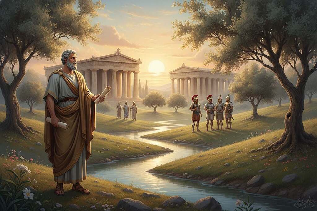 A serene and majestic depiction of ancient Greece, illustrating the essence of virtue in the Homeric worldview. In the foreground, a wise philosopher clad in professional robes, holding a scroll, stands confidently on a sunlit hillside, symbolizing knowledge and introspection. Adjacent to him, a gentle stream flows, representing the journey of life and self-discovery. In the middle ground, figures of heroic warriors, adorned in classical armor, engage in peaceful dialogue, embodying the ideals of courage and honor. The background features ancient temples under a golden sunset, casting warm, ethereal light over the scene. Lush olive trees sway in the breeze, adding a calm and reflective atmosphere. The overall mood is one of inspiration and contemplation, inviting viewers to reflect on the significance of virtue in the pursuit of higher understanding.