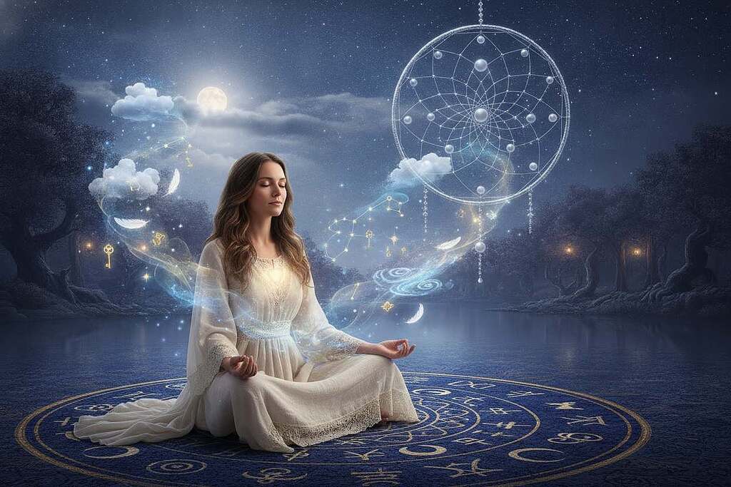 A serene and mystical scene depicting the spiritual interpretation of dreams. In the foreground, a European woman dressed in a flowing, modest gown sits cross-legged on a soft, lush carpet adorned with intricate dream symbols and patterns. She is meditating, surrounded by ethereal lights and floating dream imagery, such as clouds, stars, and symbolic objects like keys and feathers. In the middle ground, a large, translucent dreamcatcher hovers, its web filled with sparkling orbs of light. The background reveals a tranquil night sky filled with twinkling stars and a subtle full moon casting soft, silvery light across the scene. The atmosphere is peaceful and reflective, evoking a sense of wonder and introspection. The lighting is gentle, with a soft focus enhancing the dreamlike quality.