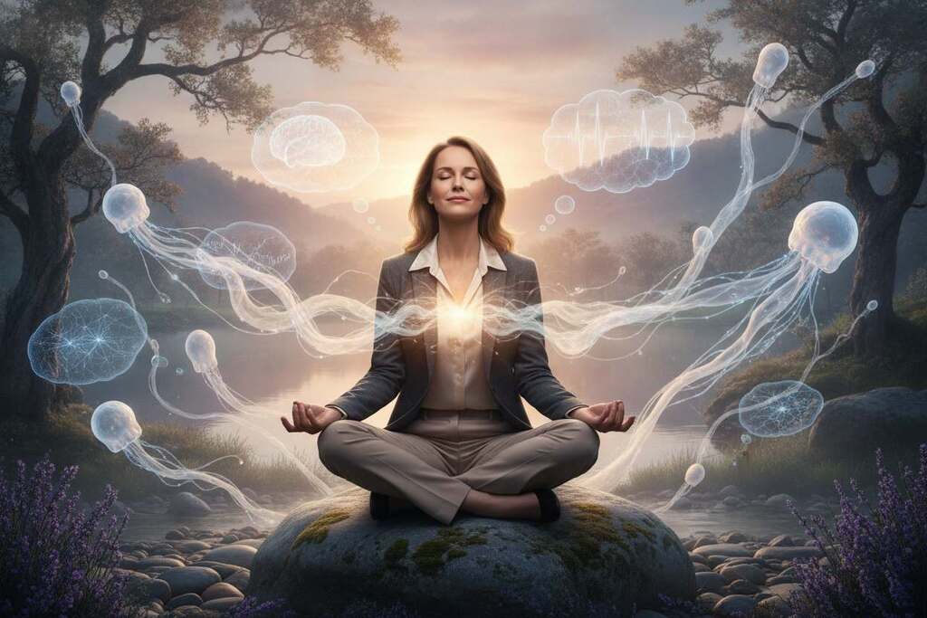 A serene and thought-provoking scene depicting the connection between consciousness and immune reactions. In the foreground, a thoughtful European woman in professional attire, seated in a meditative pose, with a soft glow surrounding her, symbolizing awareness and internal reflection. Her expression is serene, illustrating deep contemplation. In the middle, ethereal representations of the immune system, such as abstract white blood cells and antibodies, gracefully intertwine with ethereal thought bubbles that exhibit subtle brain waves and neural connections, suggesting the interaction between mental states and physical health. In the background, a soft-focus landscape of a tranquil natural environment, with gentle lighting suggesting dawn or dusk, enhancing the mood of introspection and calm. The overall atmosphere should evoke a sense of unity between body and mind, capturing the essence of the consciousness paradox. A serene and thought-provoking scene depicting the connection between consciousness and immune reactions. In the foreground, a thoughtful European woman in professional attire, seated in a meditative pose, with a soft glow surrounding her, symbolizing awareness and internal reflection. Her expression is serene, illustrating deep contemplation. In the middle, ethereal representations of the immune system, such as abstract white blood cells and antibodies, gracefully intertwine with ethereal thought bubbles that exhibit subtle brain waves and neural connections, suggesting the interaction between mental states and physical health. In the background, a soft-focus landscape of a tranquil natural environment, with gentle lighting suggesting dawn or dusk, enhancing the mood of introspection and calm. The overall atmosphere should evoke a sense of unity between body and mind, capturing the essence of the consciousness paradox.