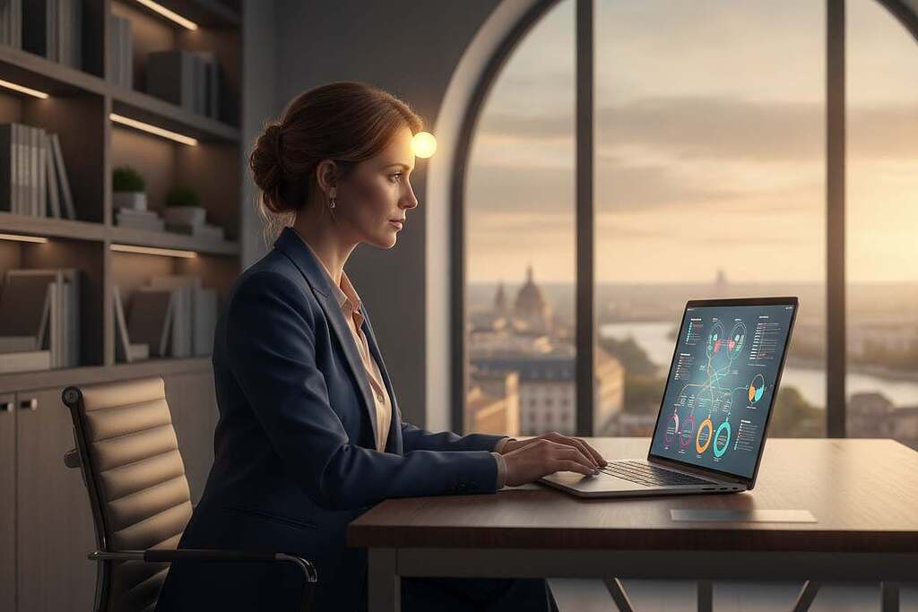A serene and thoughtful European businesswoman sits at a sleek modern desk, her expression reflective as she gazes at her laptop screen displaying colorful data charts, symbolizing decision-making. In the foreground, a glowing orb of light hovers above her head, representing intuition and insight. The middle ground features soft shelves lined with books on psychology and strategy, highlighting wisdom. In the background, a large window reveals a tranquil cityscape bathed in warm golden sunlight, creating a hopeful and inspiring atmosphere. The lighting is soft and diffused, casting gentle shadows, with a focus on her serene face using a shallow depth of field to convey intimacy. The mood is calm yet empowered, highlighting the balance between intuition and rationality in decision-making.
