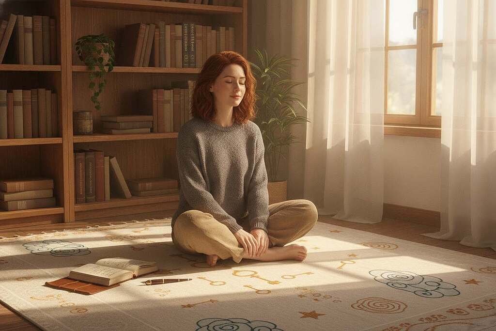 A serene and thoughtful scene depicting a European woman in modest casual clothing, sitting cross-legged on a soft, illuminated rug, surrounded by various dream symbols like key motifs, clouds, and stars. In the foreground, a notebook and pen rest beside her, hinting at personal reflections on her dreams. The middle layer features a gentle, warm light filtering through a window lined with sheer curtains, casting soft shadows that evoke a feeling of introspection. In the background, a bookshelf filled with psychology and dream interpretation books adds depth and context. The atmosphere is tranquil and reflective, encouraging a sense of mindfulness and personal exploration of dream symbolism.