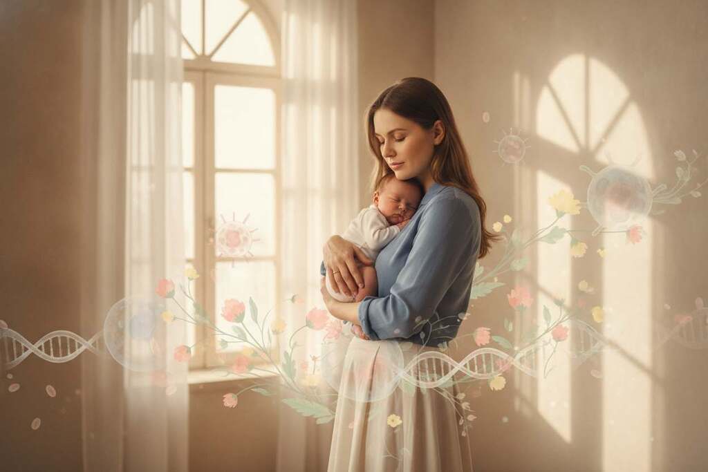 A serene and thoughtful scene illustrating the concept of "Neugeborene und Schwangerschaftstoleranz." In the foreground, a European woman in modest, professional attire is gently cradling a newborn baby, both exhibiting calm expressions. The middle ground features a soft, warm light filtering through a window, casting gentle shadows that create a tranquil atmosphere. Delicate floral motifs in muted colors surround them, symbolizing life and growth, while hints of scientific elements, like DNA strands and immune cells, subtly blend into the background, representing the immune paradox of pregnancy. The overall mood is one of nurturing and contemplation, inviting viewers to reflect on the complexities of immunity in the context of childbirth and pregnancy. A serene and thoughtful scene illustrating the concept of "Neugeborene und Schwangerschaftstoleranz." In the foreground, a European woman in modest, professional attire is gently cradling a newborn baby, both exhibiting calm expressions. The middle ground features a soft, warm light filtering through a window, casting gentle shadows that create a tranquil atmosphere. Delicate floral motifs in muted colors surround them, symbolizing life and growth, while hints of scientific elements, like DNA strands and immune cells, subtly blend into the background, representing the immune paradox of pregnancy. The overall mood is one of nurturing and contemplation, inviting viewers to reflect on the complexities of immunity in the context of childbirth and pregnancy.