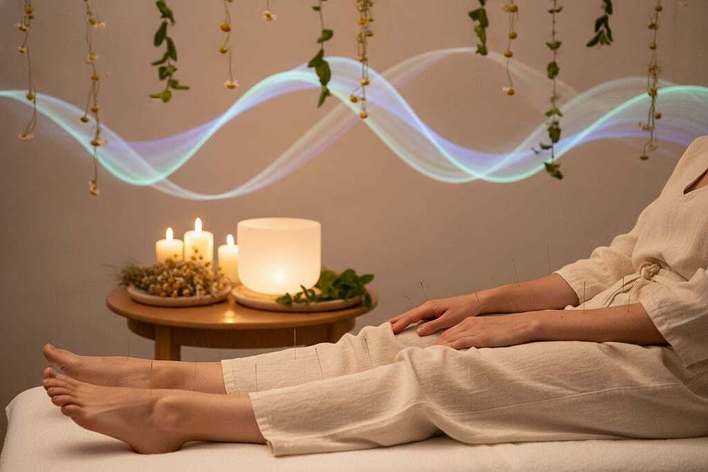 A serene and tranquil space illustrating the concept of frequency therapy and acupuncture points for relaxation, specifically targeting tendon and nerve pain. In the foreground, a European character, professionally dressed in modest attire, is seated comfortably on a massage table, with acupuncture needles gently placed on key pressure points along their arms and legs. The middle ground features soft, ambient lighting emanating from a few candles and a crystal healing bowl, creating a calming atmosphere. In the background, abstract waves of light representing healing frequencies subtly intertwine with soothing herbal elements, like fresh mint and chamomile. The overall mood is peaceful and restorative, evoking a sense of natural healing and well-being. A serene and tranquil space illustrating the concept of frequency therapy and acupuncture points for relaxation, specifically targeting tendon and nerve pain. In the foreground, a European character, professionally dressed in modest attire, is seated comfortably on a massage table, with acupuncture needles gently placed on key pressure points along their arms and legs. The middle ground features soft, ambient lighting emanating from a few candles and a crystal healing bowl, creating a calming atmosphere. In the background, abstract waves of light representing healing frequencies subtly intertwine with soothing herbal elements, like fresh mint and chamomile. The overall mood is peaceful and restorative, evoking a sense of natural healing and well-being.