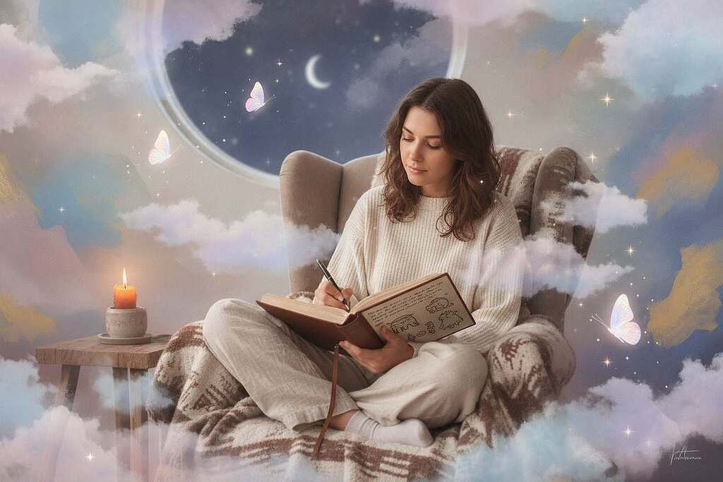 A serene dream journal scene set in a quiet, softly lit room. In the foreground, a young European woman, dressed in modest casual clothing, is writing in an open dream journal, her expression thoughtful and introspective. She is surrounded by ethereal dreamlike elements—whimsical clouds and floating symbols representing dreams (like butterflies and stars) that softly blend into the background. The middle ground features a cozy armchair and a gently flickering candle that emits warm light, enhancing the tranquil atmosphere. The background is adorned with soft pastel colors and abstract shapes that evoke a sense of reflection and exploration. The overall mood is peaceful and contemplative, inviting deeper self-discovery. Utilize a soft focus lens effect to create a dreamy ambiance.
