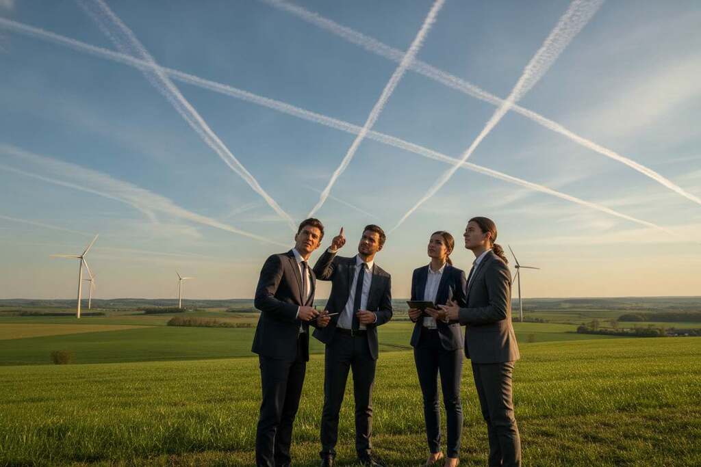 A serene European landscape under a bright blue sky, featuring distinct chemtrails crisscrossing above. In the foreground, a diverse group of professionals in business attire—two men and two women—are engaged in a serious discussion, pointing towards the sky where chemtrails are visible. The middle ground showcases lush green fields and a distant horizon marked by wind turbines, symbolizing geoengineering efforts. The background fades into soft, rolling hills bathed in golden sunlight, creating an atmosphere of contemplation and inquiry. Use a wide-angle lens to capture the expansive sky and landscape, with warm lighting that highlights the intensity of the topic. The overall mood should be serious and thought-provoking, evoking a sense of curiosity and concern about climate interventions.