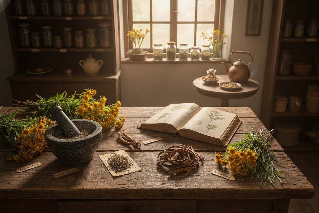 A serene herbalist's workspace filled with European medicinal plants known for treating tendon and nerve pain. In the foreground, a wooden table displays fresh and dried herbs like arnica, devil's claw, and willow bark arranged artistically with mortar and pestle. The middle ground features an open book showcasing plant illustrations, bathed in soft, warm lighting from a rustic window. In the background, shelves lined with glass jars of herbal preparations, twinkling in natural light, create an inviting atmosphere. The image captures a moment of tranquility and natural healing, emphasizing the beauty of phytotherapy. Angle the shot slightly from above to provide depth, enhancing the feeling of a cozy, knowledgeable space, perfect for exploring herbal remedies. A serene herbalist's workspace filled with European medicinal plants known for treating tendon and nerve pain. In the foreground, a wooden table displays fresh and dried herbs like arnica, devil's claw, and willow bark arranged artistically with mortar and pestle. The middle ground features an open book showcasing plant illustrations, bathed in soft, warm lighting from a rustic window. In the background, shelves lined with glass jars of herbal preparations, twinkling in natural light, create an inviting atmosphere. The image captures a moment of tranquility and natural healing, emphasizing the beauty of phytotherapy. Angle the shot slightly from above to provide depth, enhancing the feeling of a cozy, knowledgeable space, perfect for exploring herbal remedies.