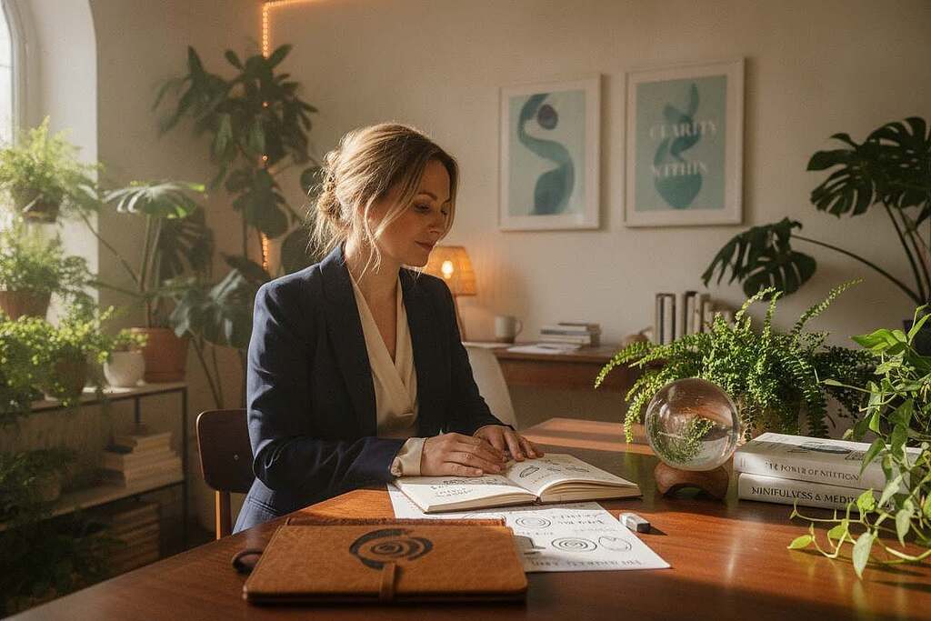 A serene indoor setting featuring a European woman in her mid-30s dressed in professional attire, sitting at a wooden table surrounded by botanical plants and soft natural light filtering through a large window. In the foreground, a notebook filled with sketches and notes represents her journey to develop intuition. In the middle ground, a soft-focus crystal ball and a few open books about mindfulness and intuition signal her exploration. The background shows a peaceful, well-organized workspace with motivational art on the walls. The overall mood is calm, inspiring, and reflective, enhanced by warm lighting and gentle shadows that create a sense of focus and introspection.