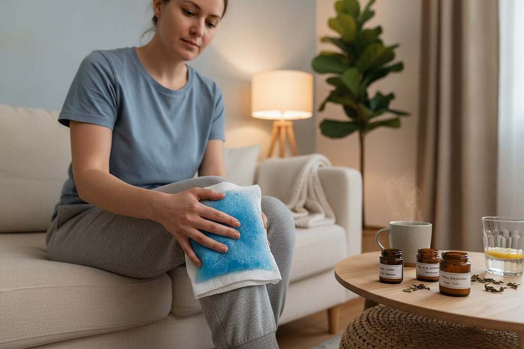A serene indoor setting showcasing a European individual sitting comfortably on a couch, applying a cold pack to their knee, demonstrating proper use for alleviating tendon pain. The foreground includes a clear view of the ice pack on the individual’s knee, with their hand gently holding it in place. In the middle ground, a neatly arranged table holds natural remedies like herbal ointments and a glass of water, suggesting alternative treatments. The background features a softly lit room with calming colors, perhaps a houseplant and a warm lamp, creating a peaceful atmosphere. The lighting is soft and diffuse, evoking a sense of tranquility and care, while the angle captures the person's focused expression as they tend to their injury. A serene indoor setting showcasing a European individual sitting comfortably on a couch, applying a cold pack to their knee, demonstrating proper use for alleviating tendon pain. The foreground includes a clear view of the ice pack on the individual’s knee, with their hand gently holding it in place. In the middle ground, a neatly arranged table holds natural remedies like herbal ointments and a glass of water, suggesting alternative treatments. The background features a softly lit room with calming colors, perhaps a houseplant and a warm lamp, creating a peaceful atmosphere. The lighting is soft and diffuse, evoking a sense of tranquility and care, while the angle captures the person's focused expression as they tend to their injury.