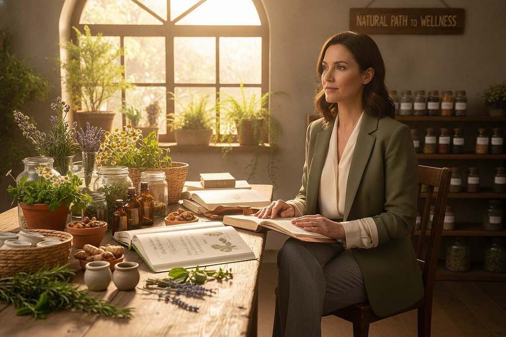 A serene indoor setting showcasing a European woman in professional attire, focused and contemplative, positioned at a wooden table surrounded by various natural herbs and medicinal plants. In the foreground, vibrant green leaves, jars of herbal remedies, and open books on natural medicine create an inviting and informative atmosphere. The middle section features a softly lit window casting warm natural light, enhancing the cozy space. In the background, faint silhouettes of potted plants and neatly organized herbal vials suggest a connection to nature and holistic healing. The overall mood is calm and educational, highlighting the theme of natural medicine as an alternative to cortisone for treating inflammatory diseases. The image captures the essence of healing and wellness.