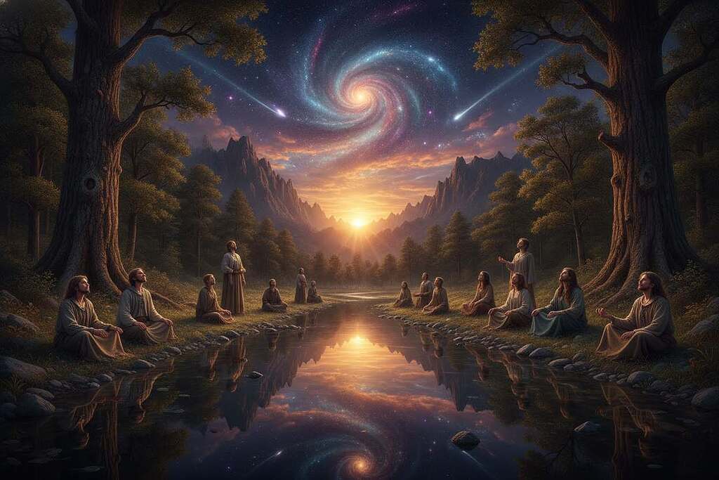 A serene landscape depicting the essence of pantheism, where nature, divinity, and cosmos merge harmoniously. In the foreground, a tranquil river reflects the lush greenery of ancient trees, symbolizing the sacredness of nature. The middle layer features a diverse group of European individuals in modest casual clothing, engaging in quiet reflection, gazing at the vibrant tapestry of a starry sky above. The background showcases majestic mountains under a luminous twilight, where the sun meets the horizon, casting a warm golden glow. Soft dappled light filters through the trees, creating an ethereal atmosphere. The mood is peaceful and contemplative, inviting the viewer to connect with the unity of all existence in this mystical scene.