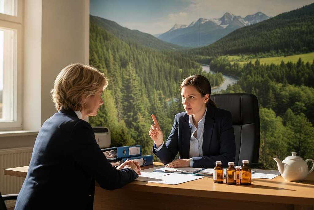 A serene medical consultation scene in a bright, well-lit office. In the foreground, a European healthcare professional in a smart, professional attire is attentively discussing a treatment plan with a patient, who is also European, exhibiting a thoughtful expression. The middle ground showcases a desk with a neatly arranged stack of medical documents and a few opened bottles of herbal supplements, representing natural medicine. The background features a calming mural of nature, symbolizing holistic healing. Soft daylight streams through large windows, illuminating the space with a warm glow, creating a hopeful and supportive atmosphere. Focus on conveying trust, understanding, and the importance of careful cortisone tapering in a professional health setting. No text or additional elements are included.