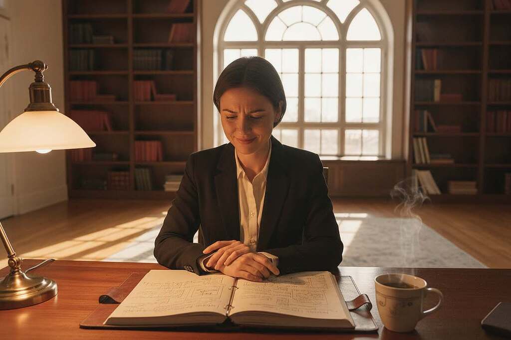 A serene office environment depicting a European individual in professional business attire sitting at a wooden desk, deep in thought with a subtle look of enlightenment. The foreground features a soft glow emanating from a desk lamp, illuminating open notebooks filled with handwritten notes and a steaming cup of herbal tea. The middle layer captures a large window, allowing natural light to stream in, casting gentle shadows across the room. In the background, a well-organized bookshelf filled with books on intuition and decision-making hints at the theme of knowledge. The overall atmosphere is calm and contemplative, inviting viewers to connect with the concept of intuition in everyday life. The lighting is soft and warm, creating a sense of clarity and introspection, while the angle focuses on the individual’s expression of realization and insight.