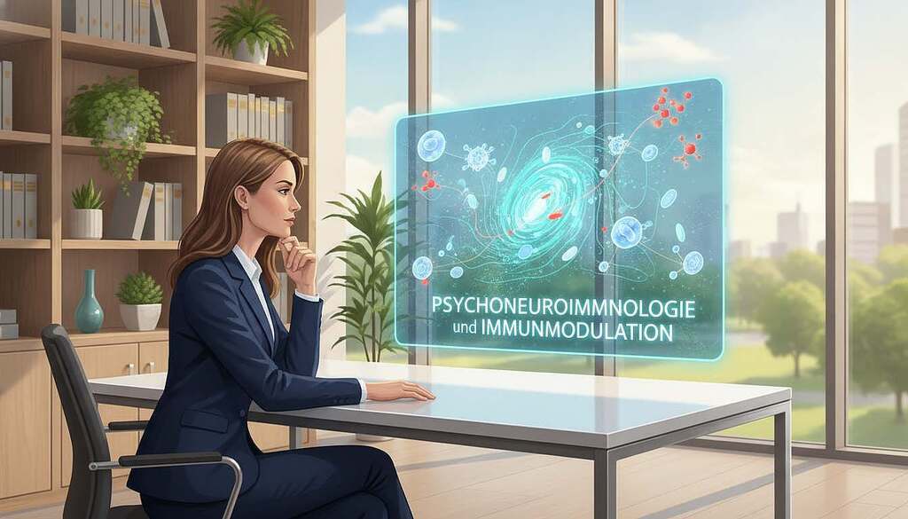 A serene, professional office environment serves as the setting for an illustration that encapsulates "Psychoneuroimmunologie und Immunmodulation." In the foreground, a European woman in a smart business suit engages in deep thought while seated at a sleek desk, her expression reflecting determination and clarity. Beside her, a glowing holographic display showcases interconnected neural pathways, immune cells, and stress indicators, visually representing the intricate relationship between the nervous and immune systems. The middle ground features shelves filled with medical books and plants, symbolizing a balanced mind and body. In the background, soft natural light filters through large windows, creating an inviting atmosphere that encourages contemplation and innovation. The overall mood is one of inspiration and enlightenment, highlighting the intersection of psychology, stress, and immunology. A serene, professional office environment serves as the setting for an illustration that encapsulates "Psychoneuroimmunologie und Immunmodulation." In the foreground, a European woman in a smart business suit engages in deep thought while seated at a sleek desk, her expression reflecting determination and clarity. Beside her, a glowing holographic display showcases interconnected neural pathways, immune cells, and stress indicators, visually representing the intricate relationship between the nervous and immune systems. The middle ground features shelves filled with medical books and plants, symbolizing a balanced mind and body. In the background, soft natural light filters through large windows, creating an inviting atmosphere that encourages contemplation and innovation. The overall mood is one of inspiration and enlightenment, highlighting the intersection of psychology, stress, and immunology.