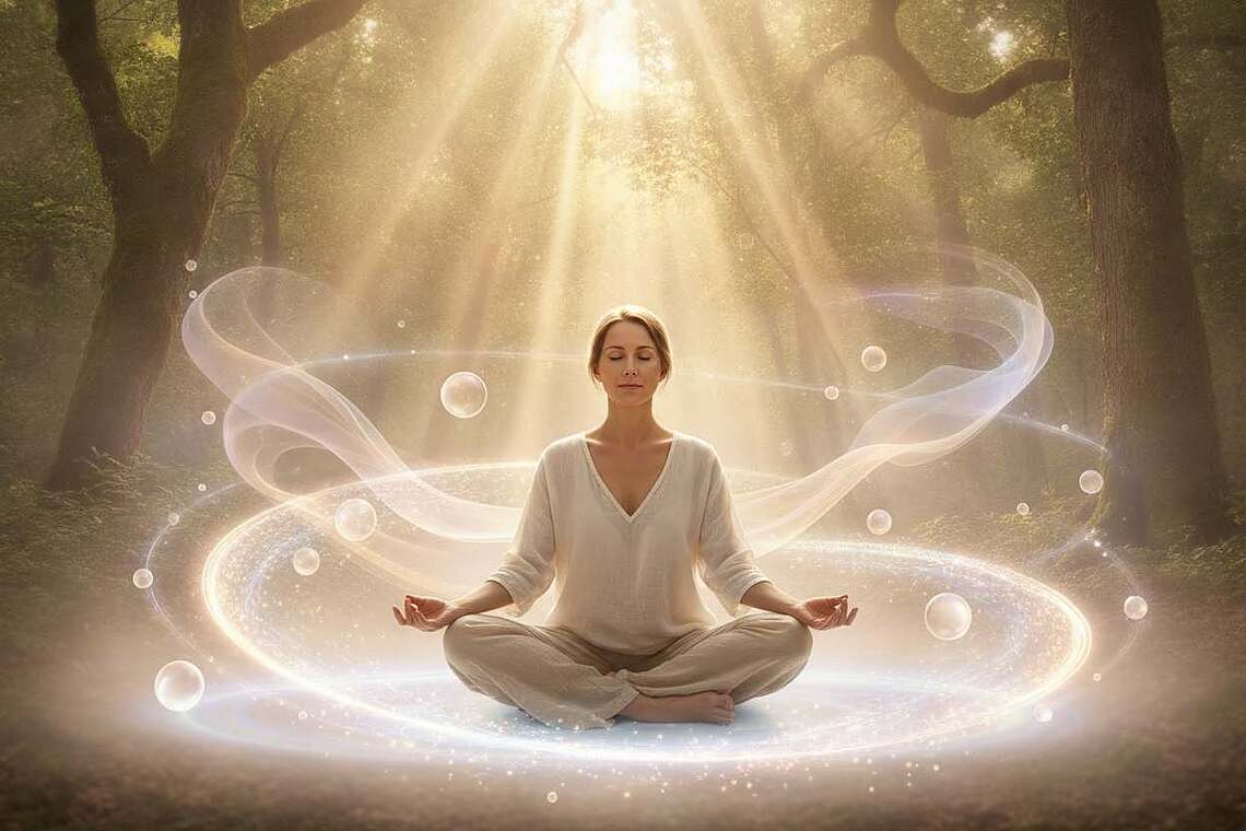 A serene scene depicting the spiritual dimension of intuition, featuring a thoughtful European woman in modest casual clothing, seated cross-legged on a soft, glowing meditation mat. In the foreground, ethereal light surrounds her, symbolizing a connection to higher consciousness. The middle ground reveals gently swirling mist filled with soft pastels, representing flowing intuition, while delicate orbs of light dance around her, hinting at unseen energies. In the background, a tranquil forest emerges, bathed in warm, golden sunlight filtering through lush green leaves, adding a sense of peace. The atmosphere is tranquil, with a slight ethereal glow, evoking feelings of calm and reflection, captured in a soft-focus lens to enhance the spiritual quality of the scene.