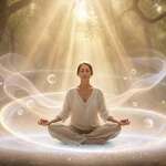 A serene scene depicting the spiritual dimension of intuition, featuring a thoughtful European woman in modest casual clothing, seated cross-legged on a soft, glowing meditation mat. In the foreground, ethereal light surrounds her, symbolizing a connection to higher consciousness. The middle ground reveals gently swirling mist filled with soft pastels, representing flowing intuition, while delicate orbs of light dance around her, hinting at unseen energies. In the background, a tranquil forest emerges, bathed in warm, golden sunlight filtering through lush green leaves, adding a sense of peace. The atmosphere is tranquil, with a slight ethereal glow, evoking feelings of calm and reflection, captured in a soft-focus lens to enhance the spiritual quality of the scene.