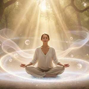 A serene scene depicting the spiritual dimension of intuition, featuring a thoughtful European woman in modest casual clothing, seated cross-legged on a soft, glowing meditation mat. In the foreground, ethereal light surrounds her, symbolizing a connection to higher consciousness. The middle ground reveals gently swirling mist filled with soft pastels, representing flowing intuition, while delicate orbs of light dance around her, hinting at unseen energies. In the background, a tranquil forest emerges, bathed in warm, golden sunlight filtering through lush green leaves, adding a sense of peace. The atmosphere is tranquil, with a slight ethereal glow, evoking feelings of calm and reflection, captured in a soft-focus lens to enhance the spiritual quality of the scene.