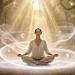 A serene scene depicting the spiritual dimension of intuition, featuring a thoughtful European woman in modest casual clothing, seated cross-legged on a soft, glowing meditation mat. In the foreground, ethereal light surrounds her, symbolizing a connection to higher consciousness. The middle ground reveals gently swirling mist filled with soft pastels, representing flowing intuition, while delicate orbs of light dance around her, hinting at unseen energies. In the background, a tranquil forest emerges, bathed in warm, golden sunlight filtering through lush green leaves, adding a sense of peace. The atmosphere is tranquil, with a slight ethereal glow, evoking feelings of calm and reflection, captured in a soft-focus lens to enhance the spiritual quality of the scene.