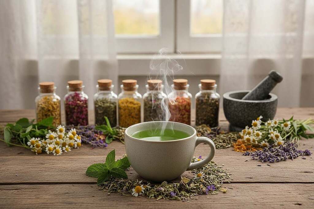 A serene setting depicting an array of herbal mixtures and teas arranged elegantly on a rustic wooden table. In the foreground, a steaming cup of herbal tea is shown, filled with a vibrant green brew, surrounded by various dried herbs like chamomile, peppermint, and lavender. In the middle ground, small glass jars containing colorful herbal blends and loose tea leaves are artistically displayed alongside a mortar and pestle. The background features soft, diffused natural light filtering through a window with delicate sheer curtains, illuminating the scene and enhancing the tranquil atmosphere. The overall mood conveys healing and relaxation, emphasizing the therapeutic essence of these herbal remedies. A serene setting depicting an array of herbal mixtures and teas arranged elegantly on a rustic wooden table. In the foreground, a steaming cup of herbal tea is shown, filled with a vibrant green brew, surrounded by various dried herbs like chamomile, peppermint, and lavender. In the middle ground, small glass jars containing colorful herbal blends and loose tea leaves are artistically displayed alongside a mortar and pestle. The background features soft, diffused natural light filtering through a window with delicate sheer curtains, illuminating the scene and enhancing the tranquil atmosphere. The overall mood conveys healing and relaxation, emphasizing the therapeutic essence of these herbal remedies.