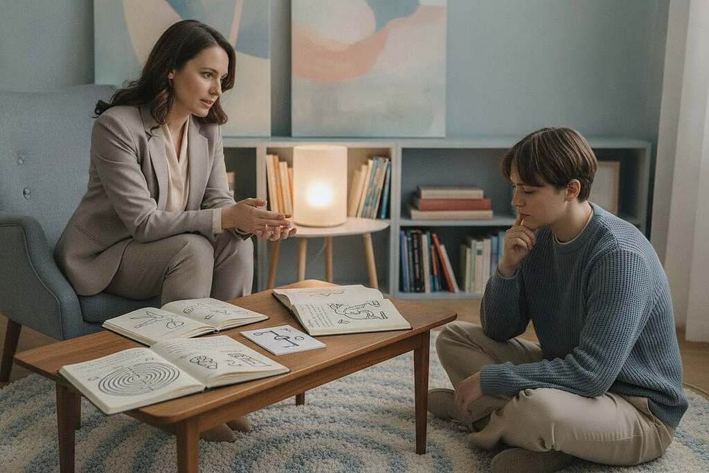 A serene therapy room featuring a comfortable armchair and a soft rug, with a calming color palette of pastels. In the foreground, a European therapist in professional business attire sits attentively, engaged in conversation with a client, who is dressed in modest casual clothing. Both individuals exhibit expressions of introspection and understanding. In the middle ground, a wooden coffee table is adorned with dream journals and symbolic dream images, while a softly glowing lamp casts a warm light, enhancing the inviting atmosphere. The background reveals softly blurred shelves filled with books on psychology and dream interpretation, creating an ambiance of professionalism and safety. The scene conveys a sense of therapeutic calm, inviting viewers to explore the depths of dream analysis professionally.
