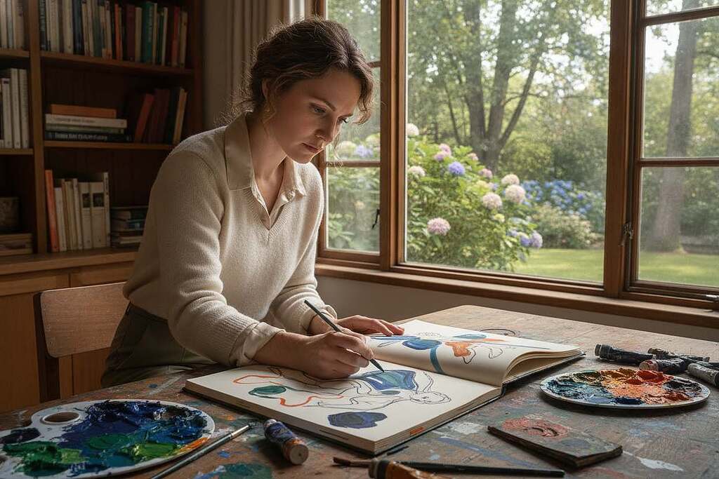 A serene workspace filled with natural light, showcasing a European woman in smart casual attire, deeply focused on a creative project. In the foreground, a wooden desk holds art supplies, an open sketchbook, and vibrant colors splattered around, symbolizing creativity sparked by intuition. In the middle ground, a large window reveals a lush garden, allowing sunlight to filter in, creating a warm, inviting atmosphere. Behind, shelves lined with books on psychology and art hint at a connection between intuition and creativity. The lighting is soft and diffused, casting gentle shadows that enhance the creative mood. The overall ambiance feels inspiring and introspective, inviting viewers to explore the hidden powers of intuition.