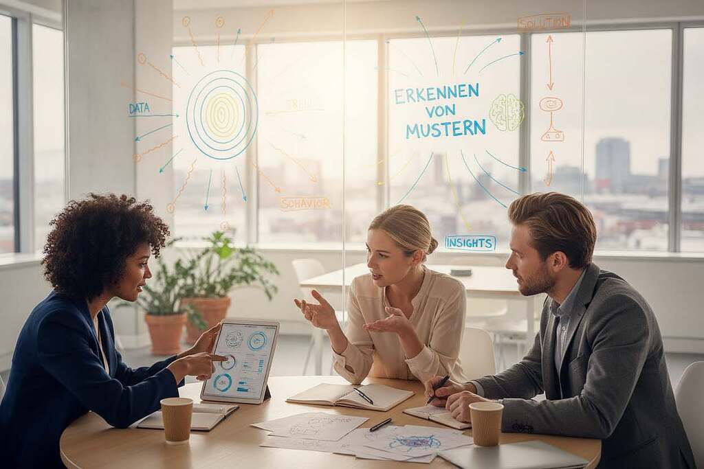 A serene yet intellectually stimulating scene capturing the concept of "erkennen von mustern" (recognizing patterns) in a modern office environment. In the foreground, a diverse group of three European professionals, dressed in smart business attire, engage in a dynamic brainstorming session, with sketches and notes scattered around them. The middle ground features a large whiteboard filled with colorful diagrams and interconnected lines representing various thought processes and ideas. The background showcases a bright, airy office space with large windows, allowing natural light to flood in, creating a warm atmosphere. The lens focuses on the group's animated expressions, highlighting their focus and creativity, while soft bokeh effects blur the background slightly, enhancing the sense of collaboration and inspiration.
