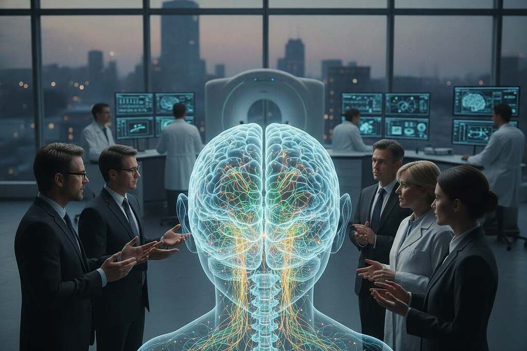 A serene yet thought-provoking scene depicting the intersection of trauma research and neurological processes. In the foreground, a diverse group of European professionals, dressed in smart business attire, engage in animated discussion around a holographic brain model showcasing neural networks lighting up with colorful signals. The middle ground features a sleek, modern laboratory filled with advanced neuroimaging equipment, while researchers analyze data on computer screens. In the background, a large window reveals a twilight cityscape softly illuminated, creating a tranquil ambiance that evokes contemplation. The lighting is soft and focused, highlighting the expressions of curiosity and dedication on the researchers' faces. The overall mood is one of discovery and enlightenment, inviting viewers into the intricate world of dream research and its scientific foundations.