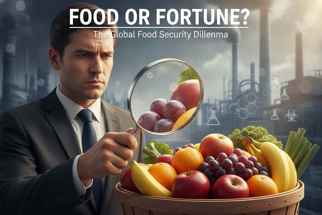 A striking visual depicting the tension between food security and industrial interests. In the foreground, a European businessperson in professional attire, with a concerned expression, holds a magnifying glass over a fruit basket filled with brightly colored produce. The middle ground features a stark contrast, showcasing industrial machinery and chemical symbols subtly integrated into the background, symbolizing the unseen additives in food. Soft, natural lighting illuminates the fruits, creating a vibrant contrast against the cold, metallic tones of the industry. The overall atmosphere conveys a sense of urgency and conflict, emphasizing the importance of food safety amidst corporate influence. A shallow depth of field blurs the industrial elements, drawing focus to the person and the produce, illustrating the article's themes effectively.