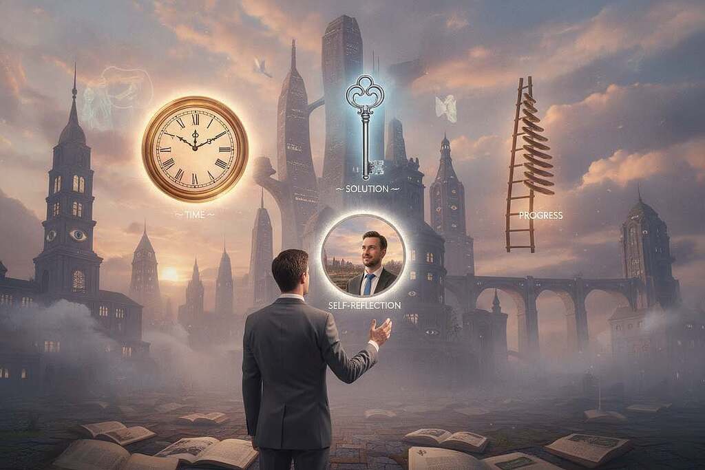 A surreal composition illustrating common dream symbols and their meanings. In the foreground, a European character, dressed in professional attire, gazes thoughtfully at a floating array of dream elements—like a clock, a key, a ladder, and a mirror, each glowing softly. The middle layer features a softly illuminated skyline at twilight, hinting at a dreamlike cityscape filled with whimsical architectural forms. In the background, ethereal clouds swirl, casting gentle shadows over the scene. The lighting is warm and inviting, with a slight glow around the dream symbols to evoke a sense of curiosity and wonder. The overall atmosphere is one of introspection and exploration, inviting the viewer to ponder the mysteries of dreams.