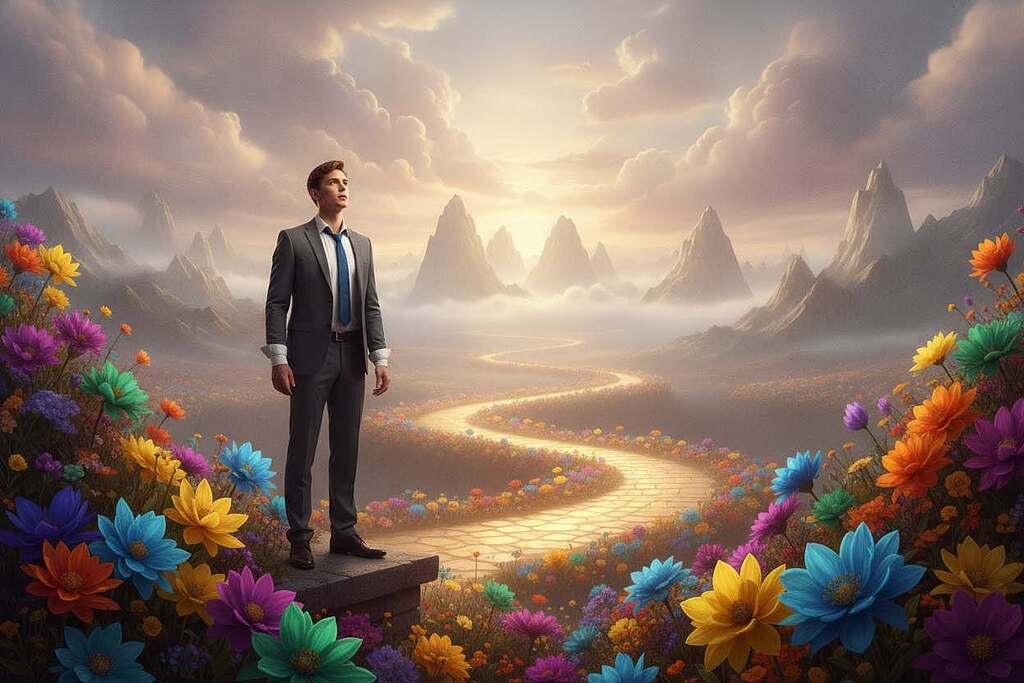 A surreal depiction of transformation in dreams, featuring a young European man in business attire standing on the cusp of a vast, mystical landscape. In the foreground, vibrant flowers bloom in a spectrum of colors, symbolizing growth and change. The middle ground showcases a winding, golden path leading toward a horizon of ethereal mountains shrouded in mist, representing the journey of self-discovery. In the background, a dreamlike sky with swirling clouds and beams of light illuminates the scene, creating a sense of hope and potential. Soft, warm lighting envelops the entire image, evoking an atmosphere of serenity and introspection. The composition should convey a feeling of awakening and realization, without any text or distractions.