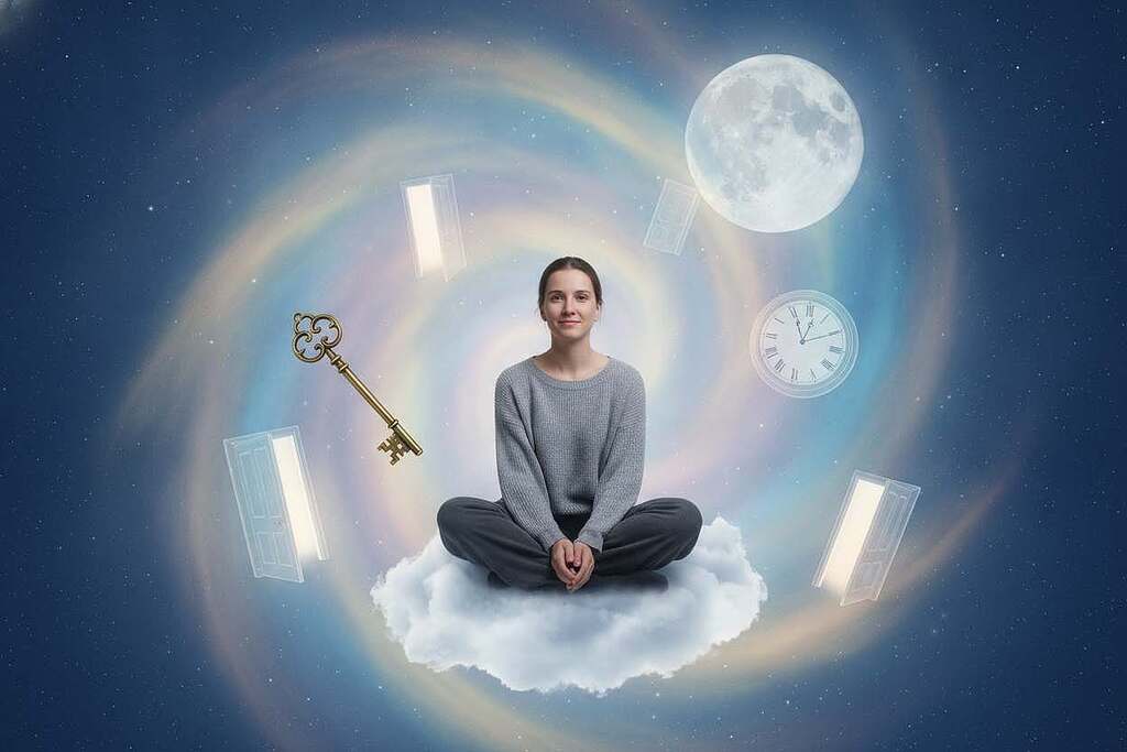 A surreal Dreamscape depicting a European individual, with a serene expression, sitting cross-legged on a cloud, surrounded by ethereal, floating dream symbols like keys, clocks, and doors. The foreground highlights the person's subtle smile and calm demeanor, dressed in modest casual clothing, suggesting a state of awareness and control. In the middle ground, a vibrant array of soft pastel colors swirls around, blending hues of blues, purples, and pinks to evoke a sense of tranquility and introspection. In the background, a starry night sky twinkles, illuminated by a gentle moonlight, creating a mystical atmosphere. Soft directional lighting enhances the shimmering quality of the dream elements, inviting viewers into the world of lucid dreaming. The overall mood is reflective and enchanting, inviting exploration and understanding of our dreams.