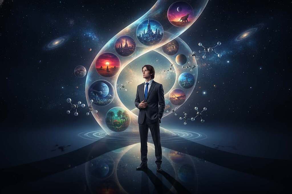 A surreal interpretation of the Many-Worlds Interpretation in quantum physics, featuring a young European scientist in a professional outfit, standing in the foreground, gazing thoughtfully at a translucent, spiraling portal. The portal opens to reveal various parallel universes, each with distinct landscapes and celestial bodies, representing alternate realities. In the middle background, intricate molecular structures float, symbolizing quantum mechanics. The atmosphere is both mysterious and enlightening, with soft, glowing light emanating from the portal, casting ethereal shadows. A starry cosmos fills the background, enhancing the sense of infinite possibilities. The image conveys a mood of curiosity and wonder about the nature of reality, captured through a wide-angle lens, with a slight focus on the scientist's expression reflecting contemplation and awe.