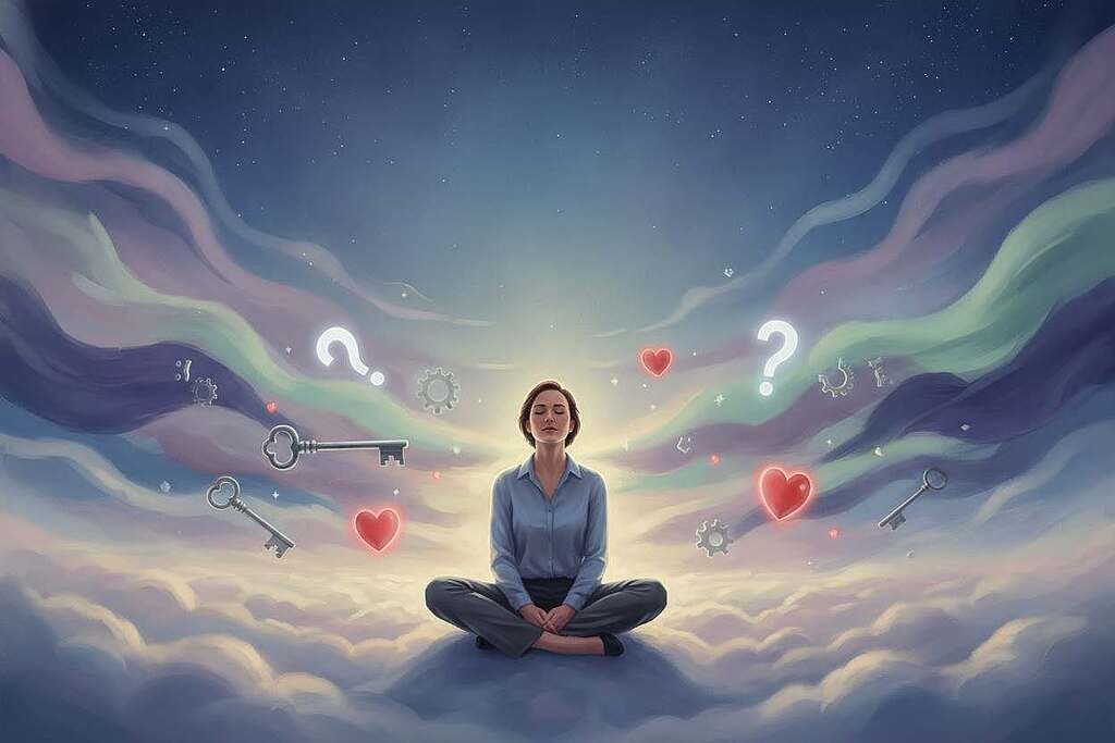 A surreal landscape depicting the subconscious and emotional processing in dreams. In the foreground, a person with European features, dressed in modest, professional attire, sits contemplatively on a soft, cloud-like surface, eyes closed, surrounded by floating dream symbols like keys, hearts, and question marks. In the middle ground, abstract shapes and muted colors suggest swirling thoughts and feelings, blending into a dream-like ambiance. The background showcases an ethereal night sky filled with faint stars, emitting a gentle, soft lighting that casts a serene glow over the scene. The atmosphere is introspective and soothing, inviting viewers to explore the depths of their unconscious mind and reflect on inner conflicts and desires.