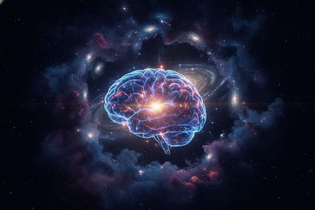 A surreal representation of a "Boltzmann brain" floating in an ethereal cosmic expanse. In the foreground, depict a semi-transparent human-like brain with glowing neural pathways, symbolizing consciousness, surrounded by dense clouds of vibrant cosmic colors—purples, blues, and blacks. In the middle ground, faint outlines of stars and galaxies swirl around the brain, hinting at the vast universe. The background should feature a dark, star-studded void, inviting contemplation about existence and reality. Use soft, diffused lighting to enhance the dreamlike atmosphere, with a slight lens flare to add depth. The overall mood should evoke a sense of wonder and paradox, combining elements of science and philosophy.